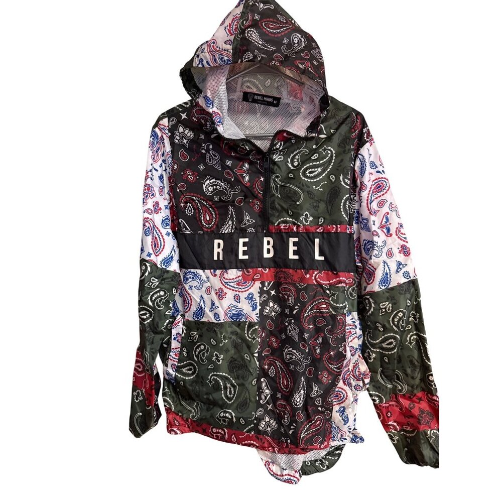 Rebel Minds M Patchwork Paisley Hoodie Jacket Unisex 100% Polyester Red/Green/Bl